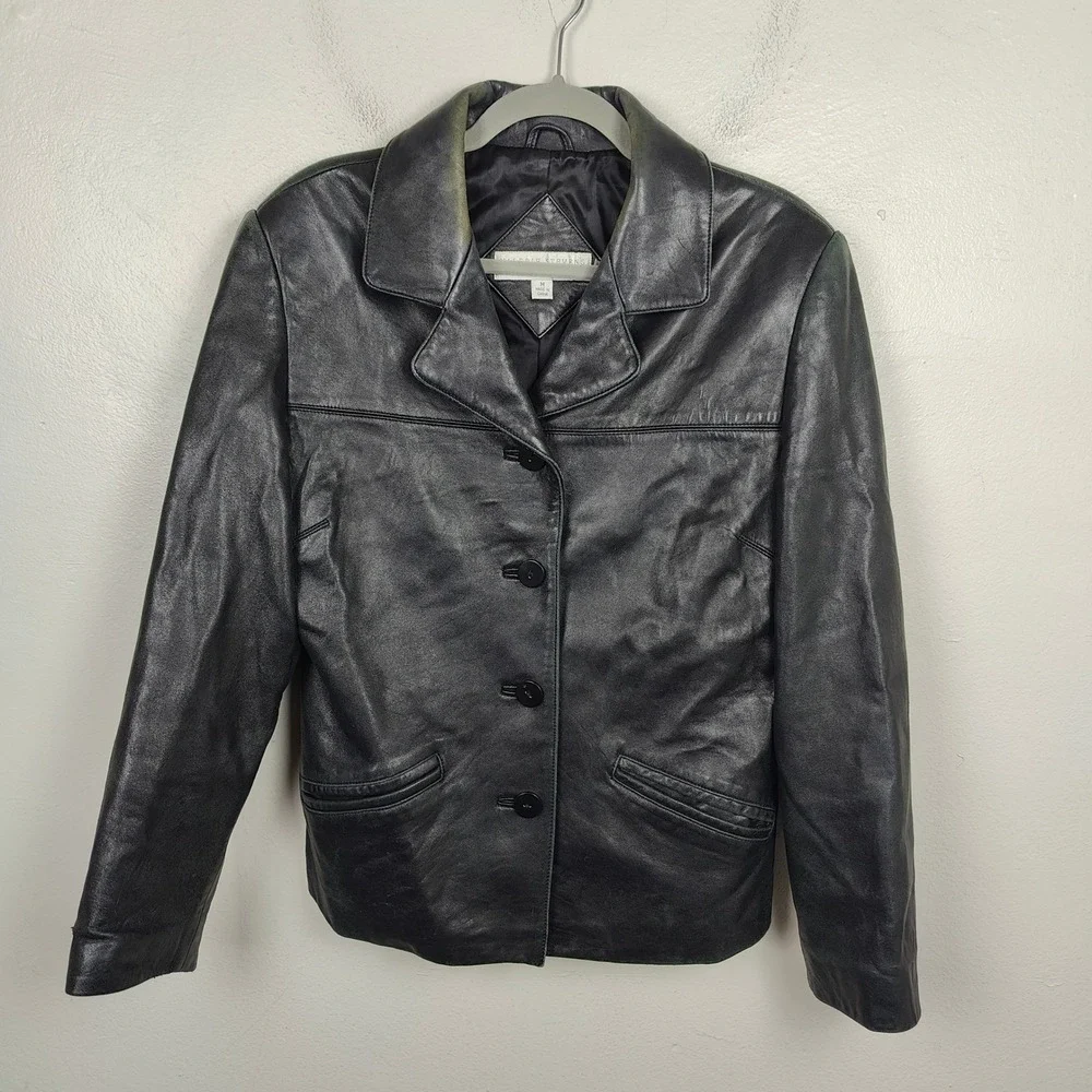 Vintage Valerie Stevens Lamb Leather Jacket‎ Womens Medium Button Up Black 90s